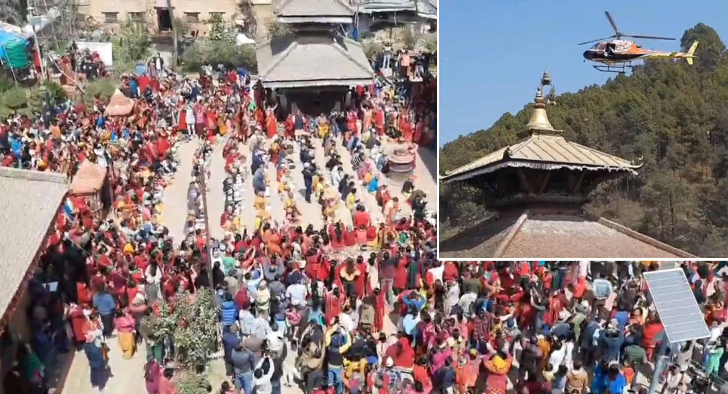 पनौतीको इन्द्रेश्वर मन्दिरमा महारुद्राभिषेक, हेलिकोप्टरबाट पुष्पबृष्टि